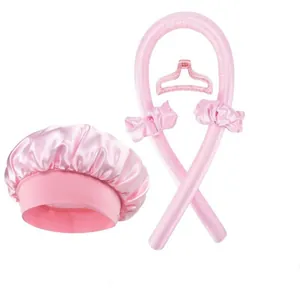 Rosa Satin Lockenwickler Set ohne Hitze mit Schlafhaube, Scrunchies und Haarklammer