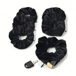 Black velvet hair scrunchie set with hidden zipper pocket for small item storage