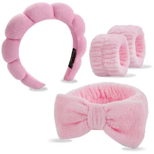 Rosa Plüsch Spa Stirnband und Handgelenkband Set zum Waschen mit weicher Mikrofaser-Textur