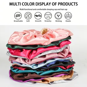 Detail view of colorful satin sleep caps showing soft textures and functional icons