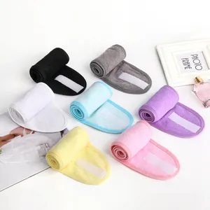 Macro view of adjustable velcro headbands in seven colors for yoga and facial washing