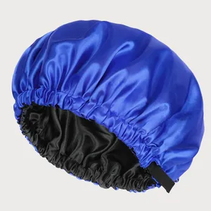 Detail view of double-layer satin bonnet with adjustable elastic band for hair care