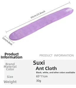 Detail showing dimensions 65cm by 11cm for purple absorbent spa headband with velcro