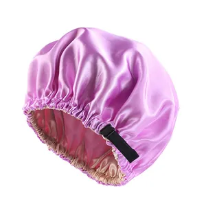 Adjustable light purple double-layer satin sleep cap with elastic strap and buckle