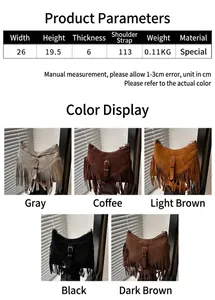 Dimensiones detalladas del bolso de hombro con flecos y opciones de cinco colores