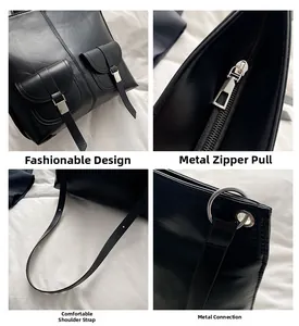 Détail du cabas en cuir PU noir avec poches à rabat et fermetures éclair argentées