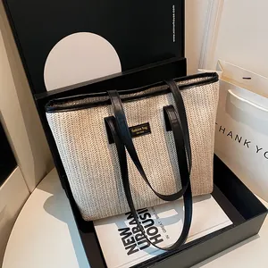 Grand Sac Cabas Tissé en Paille Pour Femmes Mode Minimaliste Urbaine Sac à Épaule Avec Bordure en Cuir PU Sac de Plage