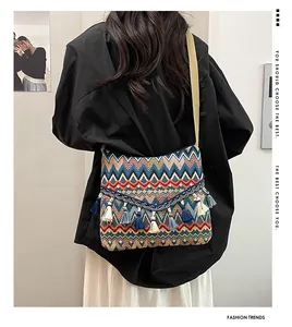 Detail of colorful zigzag woven pattern with boho fringes on a large ethnic crossbody bag