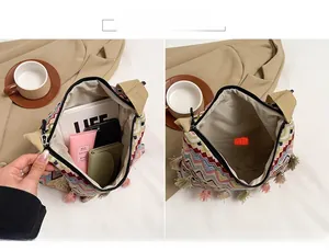 Detailed view of the ethnic knit bag interior showcasing its large storage capacity