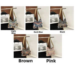 Detail of woven crossbody bags with fringe in blue, black, brown, and pink color options