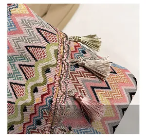 Detailed close-up of Bohemian woven pattern and colorful fringe on ethnic style bag
