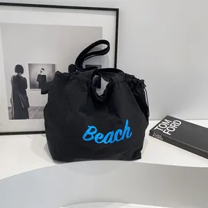 Grand sac cabas noir en nylon avec imprimé Beach bleu pour cours et sorties