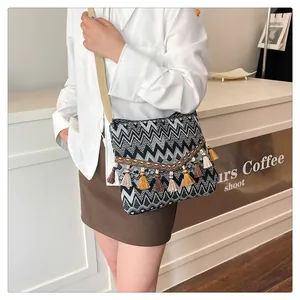 Detail view of ethnic geometric pattern fabric bag with colorful tassels and wide strap