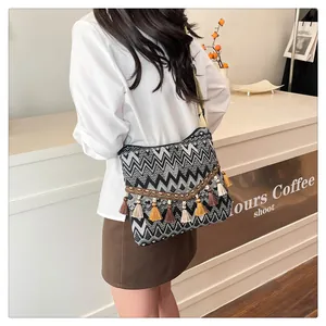 Detail view of ethnic crossbody bag featuring geometric patterns and colorful tassels