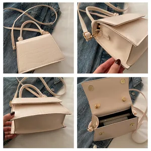 Détails du sac à main beige gaufré crocodile avec boucles magnétiques et vue interne