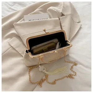 Dettaglio pochette ricamata a fiori bianco sporco con chiusura oro e nappina di perle