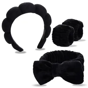 Ensemble 6 pièces de bandeau spa noir duveteux et poignets pour lavage du visage