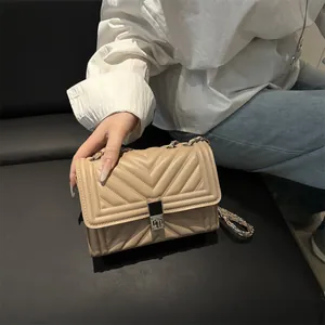 Light beige chevron quilted crossbody bag with metal chain strap and silver buckle