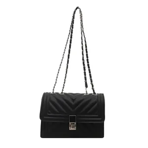 Chic black quilted crossbody bag with silver chain strap and metal lock for women