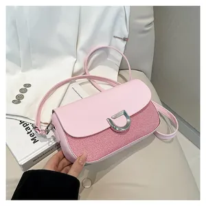 Borsa a Spalla Donna Minimalista Pelle PU Tessuto Giunzione Borsa a Tracolla Fibbia Metallo Borsa Sottobraccio Trendy Quotidiana