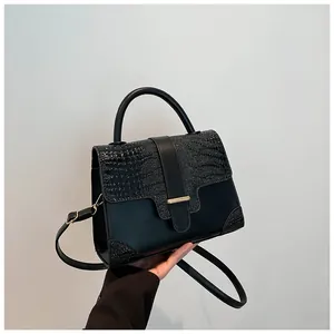 Sac à Main Femme Mode Cuir PU Motif Crocodile Sac à Bandoulière Élégant Sac à Rabat Boucle Métallique Poignée Bureau Travail Sacoche