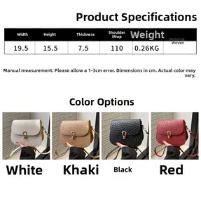 Detailed size guide and color options for the woven texture crossbody bag with horseshoe lock