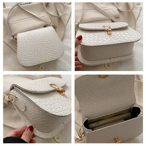Detailed views of white woven texture crossbody bag with elegant gold metal buckle