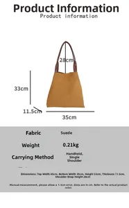 Detailed size chart of the large faux suede tote bag with dimensions and shoulder strap drop