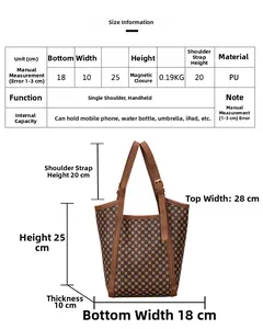 Spécifications de taille pour le sac seau vintage marron avec dimensions détaillées