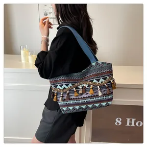 Λεπτομέρεια boho τσάντας με γεωμετρικά μοτίβα και διακόσμηση με πολύχρωμες φούντες