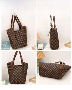Détails du sac seau marron sous quatre angles montrant le motif et la boucle en métal