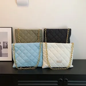Quilted diamond lattice shoulder bag with gold chain strap in four assorted colors