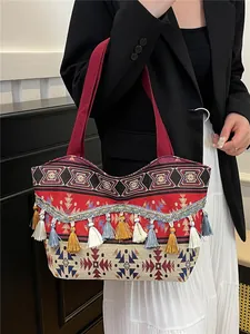 Μποέμ Έθνικ Υφαντή Τσάντα Tote για Γυναίκες Πολύχρωμη Φούντα Γεωμετρικό Μοτίβο Τσάντα Ώμου από Καμβά για Ταξίδια Θέρετρο