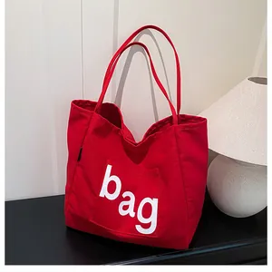 Sac fourre-tout en toile rouge avec imprimé lettres blanches et grande capacité pour femme