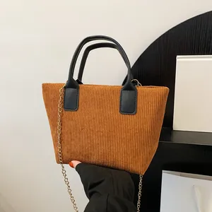 Women Corduroy Tote Bag Retro Striped Handbag With Metal Chain Strap Minimalist Daily Commute Shoulder Bag