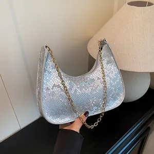 Borsa Hobo in Pelle PU con Stampa Serpente alla Moda per Donna Tracolla a Catena Dorata Borsa Sottobraccio Minimalista Urbana