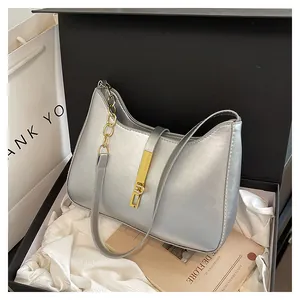 Silver underarm bag with gold metal clasp and chain detail in luxury gift box