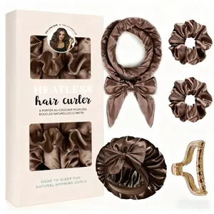 Set boucleur sans chaleur 5 pièces en satin marron avec bonnet de nuit et chouchous