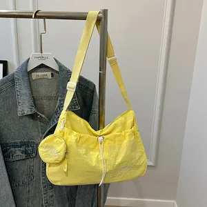 Large Capacity Nylon Pleated Crossbody Bag Simple Fashion Drawstring Shoulder Bag With Coin Purse Casual Tote Bag For Women
