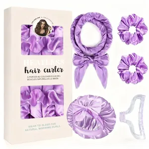 Détails du kit bigoudis sans chaleur en satin violet avec chouchous et bonnet de sommeil