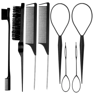 Detailed view of 8pcs black hair styling set with steel tail combs and hair loop tools