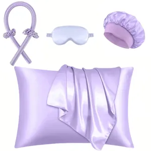 Lavender satin heatless hair curler set with silk pillowcase, eye mask and sleep cap