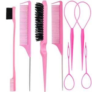 Macro detail of an 8-piece rose pink hair styling tool set with combs and hair loop tools