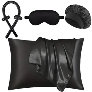 Black satin heatless hair curler set with sleeping cap, eye mask and pillowcase