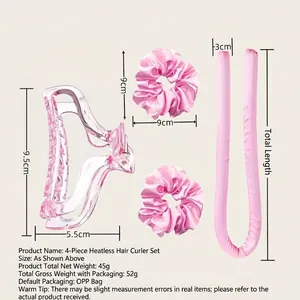 4-piece heatless hair curler set in pink satin with matching scrunchies and large hair claw