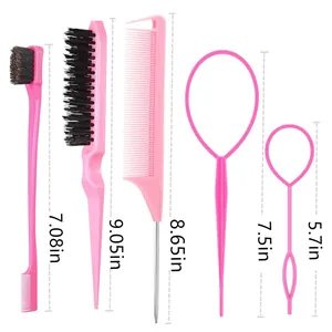 Detailed view of pink 5-piece hair styling tool set with metal tail comb and hair loop