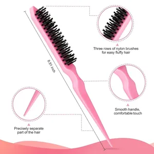 Pink teasing brush detail showing three rows of nylon bristles for hair volumizing and sectioning