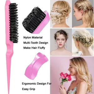 Pink styling brush with nylon bristles and ergonomic handle for fluffy hair styling