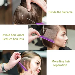 Detailed view of professional purple hair styling comb set for parting and anti-tangle hair care