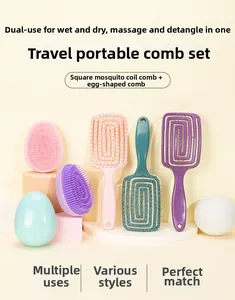 Macro detail of portable hair brush set featuring egg and mosquito coil combs in pastel colors
